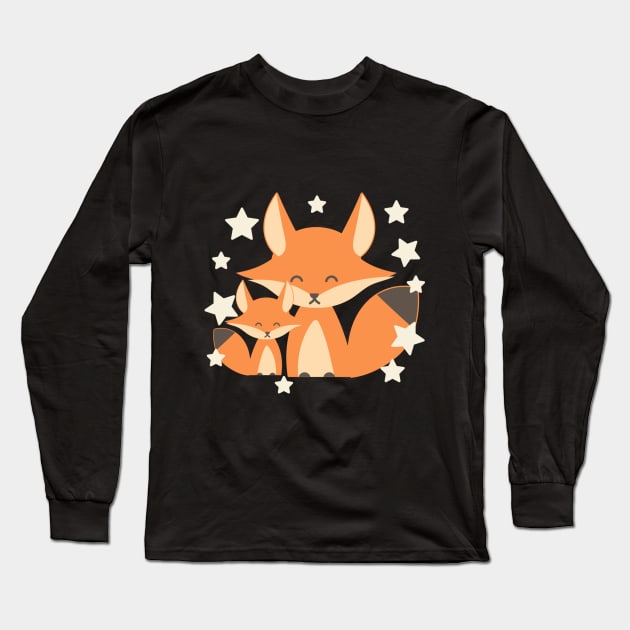 Cute vixen red fox sitting with baby cub and stars Long Sleeve T-Shirt by keeplooping